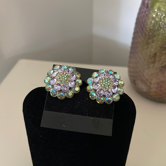Lavender and Light Blue AB Crystal Clip Earrings - Picture 1 of 7